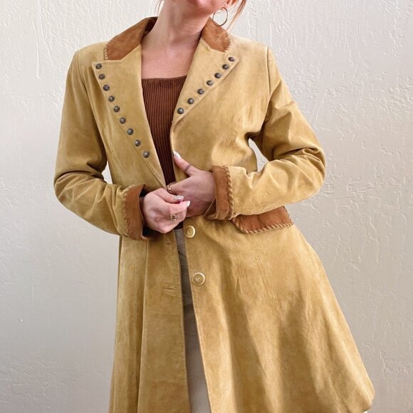 Vintage Suede Leather Military Style Trench Coat - Picture 3 of 10